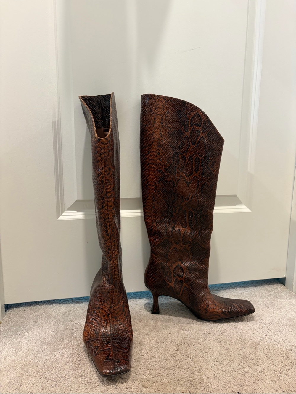 By Anthropologie Brown Snake-Print Knee High Heeled Boots